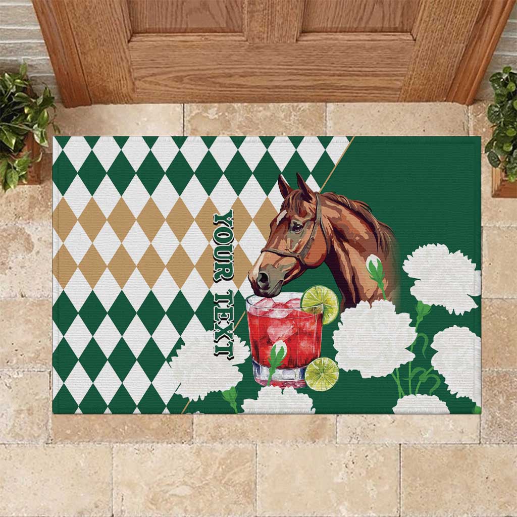 Personalized Belmont Horse Racing Rubber Doormat Jewel Cocktail With White Carnations