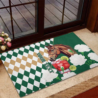 Personalized Belmont Horse Racing Rubber Doormat Jewel Cocktail With White Carnations
