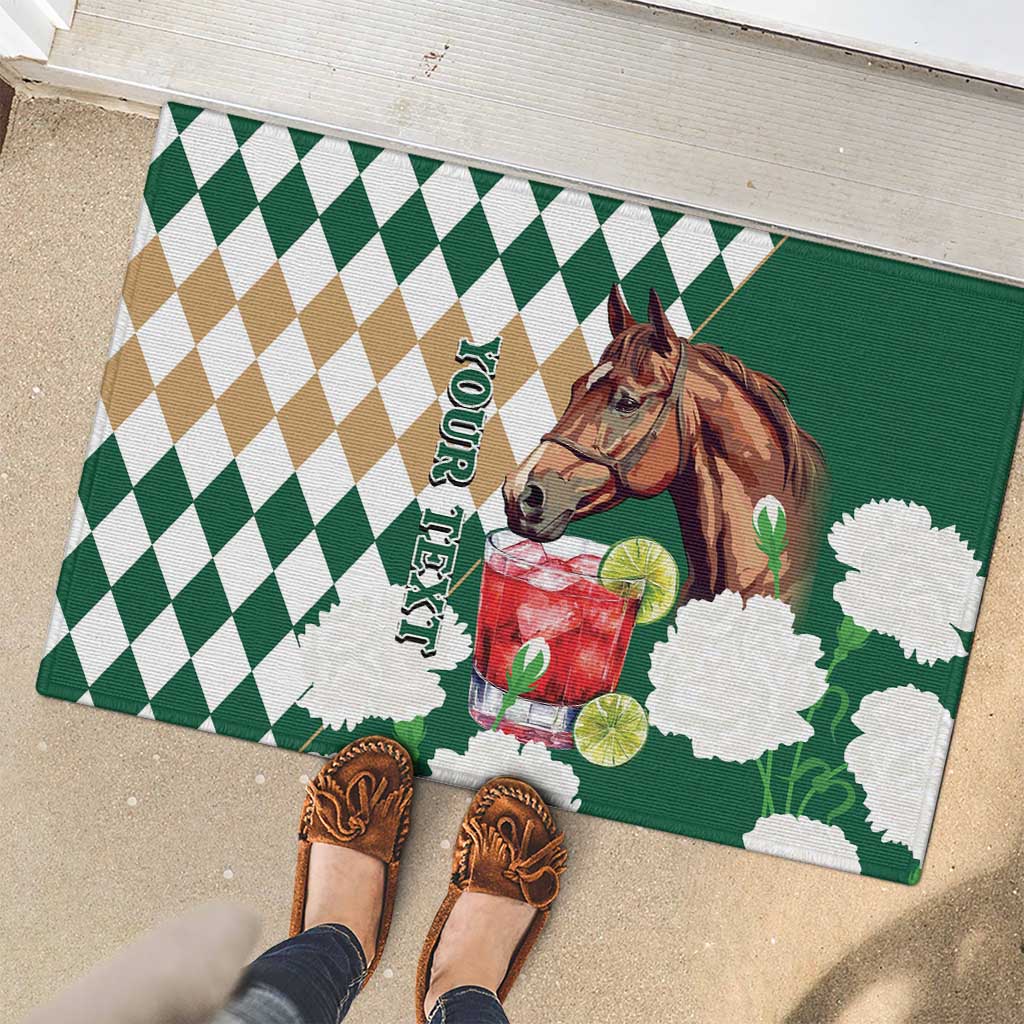 Personalized Belmont Horse Racing Rubber Doormat Jewel Cocktail With White Carnations