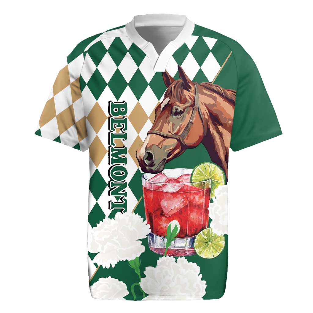 Personalized Belmont Horse Racing Rugby Jersey Jewel Cocktail With White Carnations