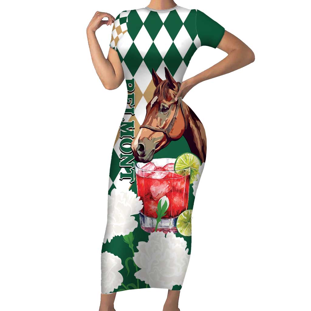 Personalized Belmont Horse Racing Short Sleeve Bodycon Dress Jewel Cocktail With White Carnations
