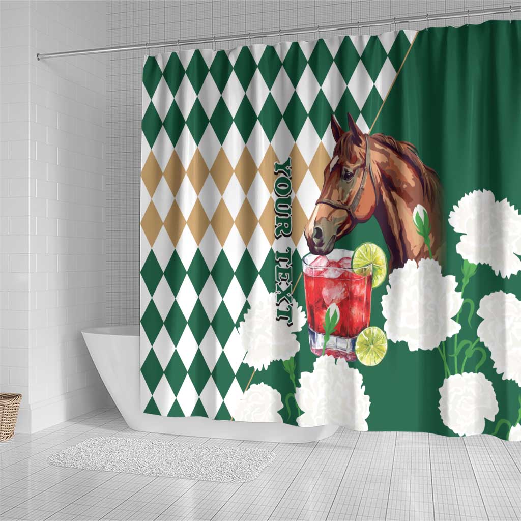 Personalized Belmont Horse Racing Shower Curtain Jewel Cocktail With White Carnations