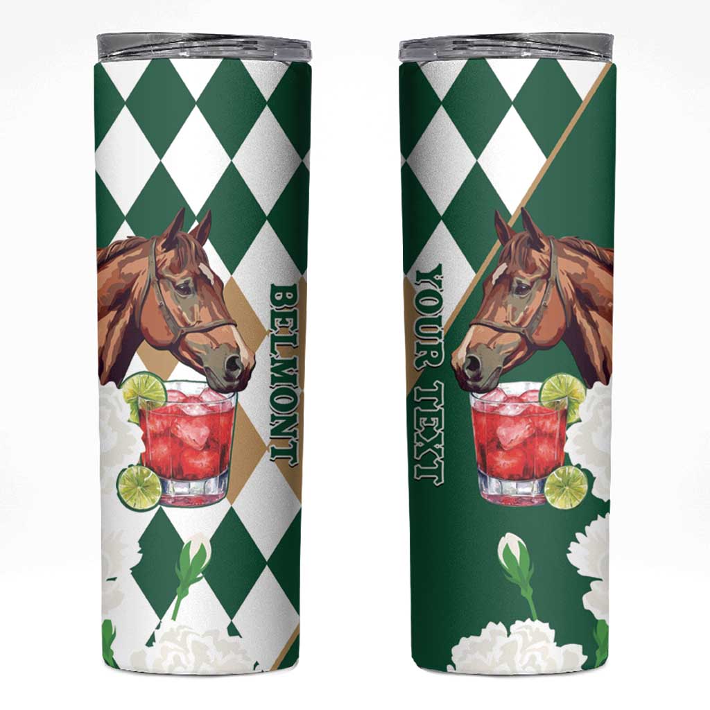 Personalized Belmont Horse Racing Skinny Tumbler Jewel Cocktail With White Carnations