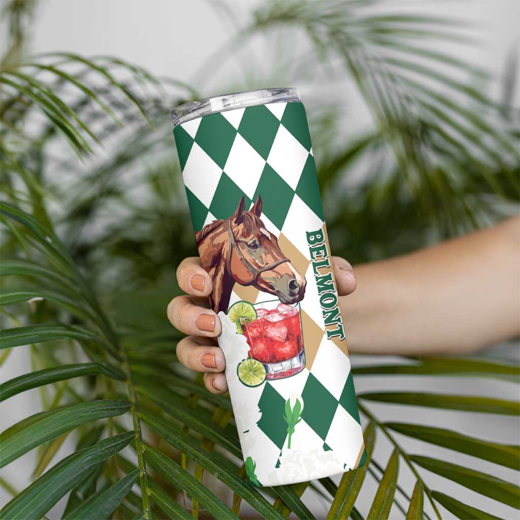 Personalized Belmont Horse Racing Skinny Tumbler Jewel Cocktail With White Carnations