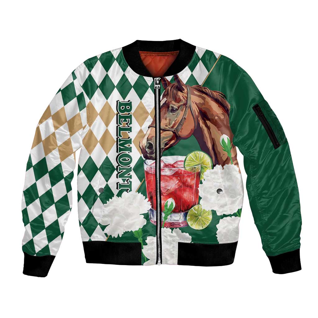 Personalized Belmont Horse Racing Sleeve Zip Bomber Jacket Jewel Cocktail With White Carnations
