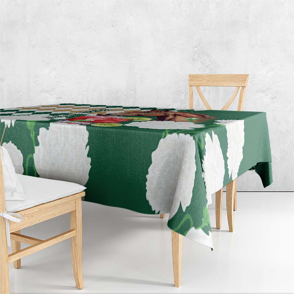 Personalized Belmont Horse Racing Tablecloth Jewel Cocktail With White Carnations