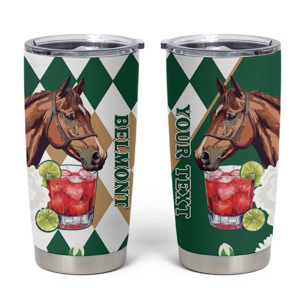 Personalized Belmont Horse Racing Tumbler Cup Jewel Cocktail With White Carnations