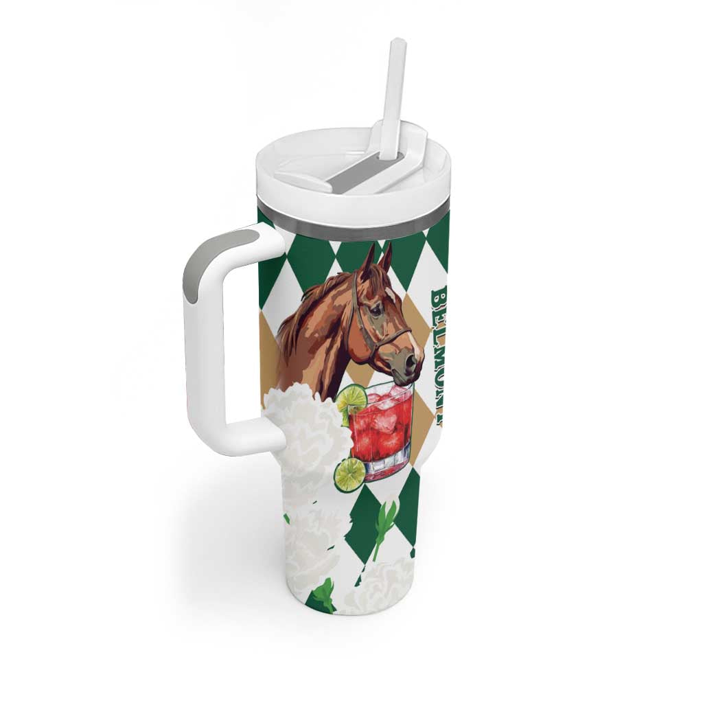 Personalized Belmont Horse Racing Tumbler With Handle Jewel Cocktail With White Carnations