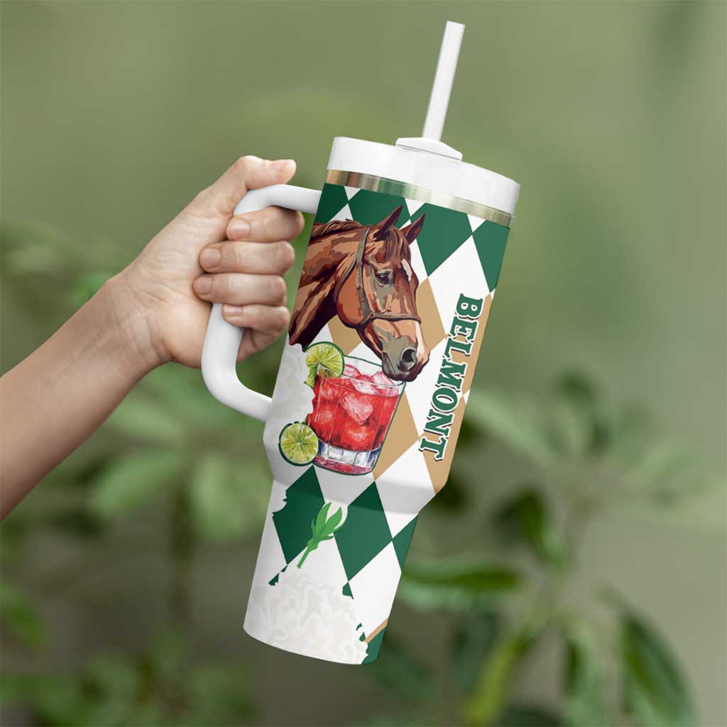 Personalized Belmont Horse Racing Tumbler With Handle Jewel Cocktail With White Carnations