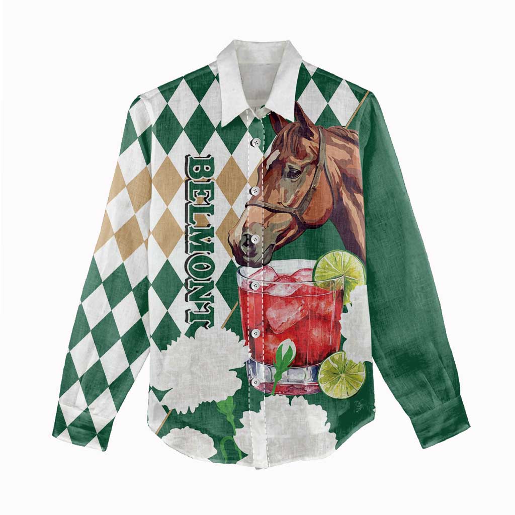 Personalized Belmont Horse Racing Women Casual Shirt Jewel Cocktail With White Carnations