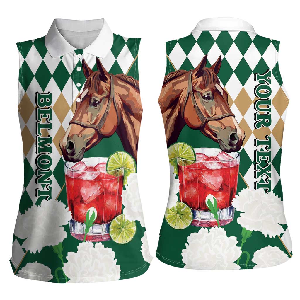 Personalized Belmont Horse Racing Women Sleeveless Polo Shirt Jewel Cocktail With White Carnations