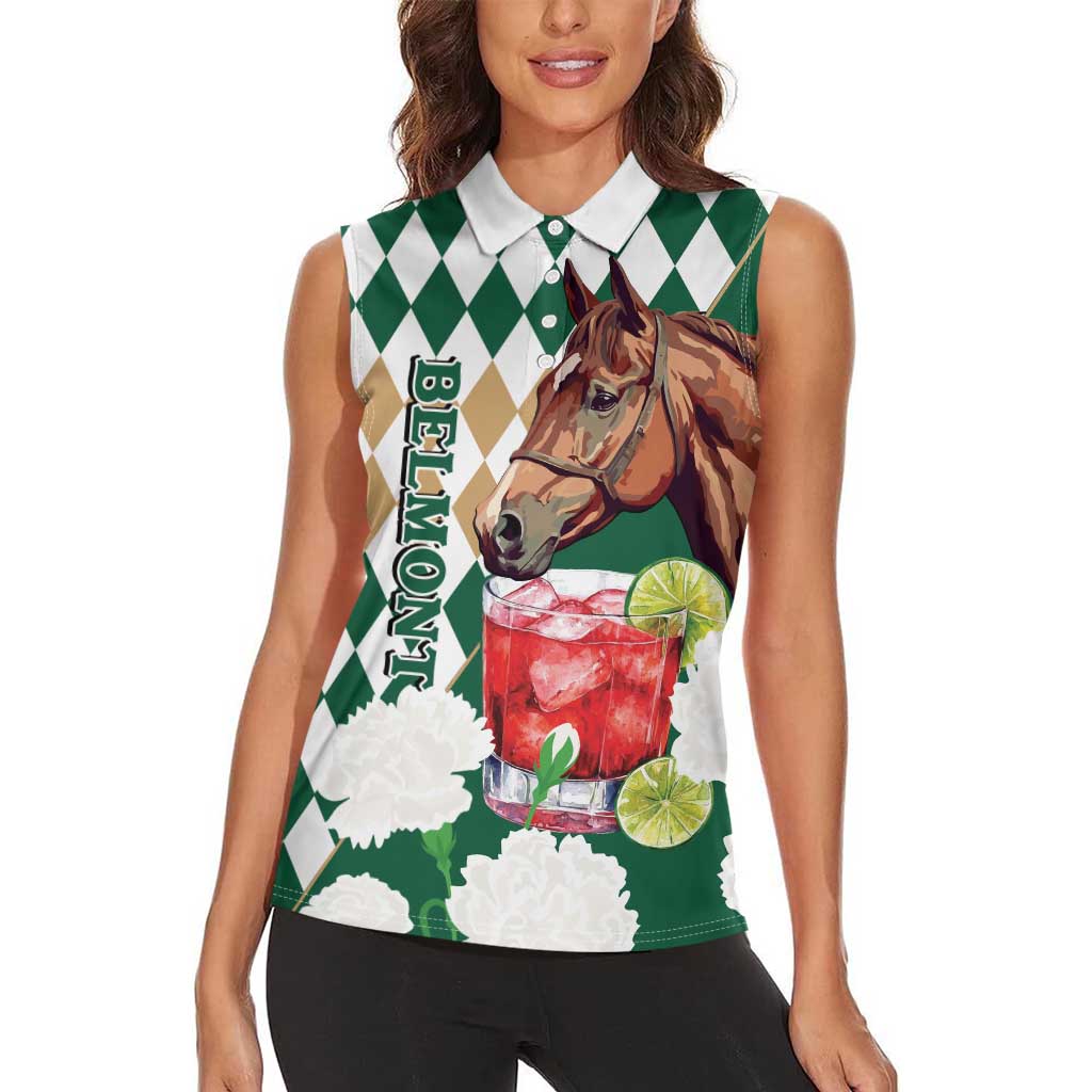 Personalized Belmont Horse Racing Women Sleeveless Polo Shirt Jewel Cocktail With White Carnations