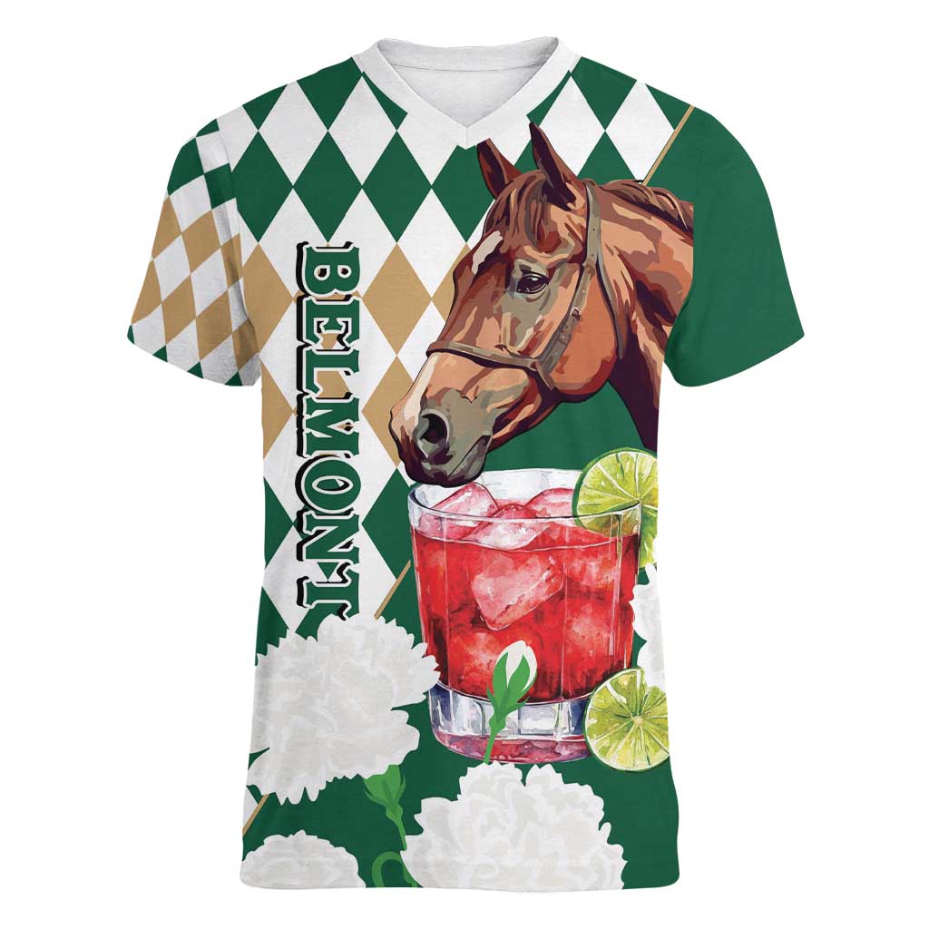 Personalized Belmont Horse Racing Women V-Neck T-Shirt Jewel Cocktail With White Carnations