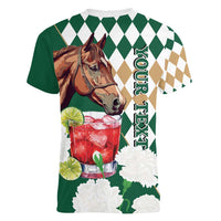 Personalized Belmont Horse Racing Women V-Neck T-Shirt Jewel Cocktail With White Carnations