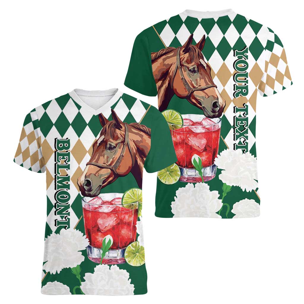 Personalized Belmont Horse Racing Women V-Neck T-Shirt Jewel Cocktail With White Carnations