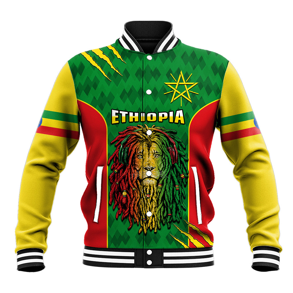Personalised Ethiopia Baseball Jacket Men's Dreadlock Rasta Lion Headphones - Wonder Print Shop