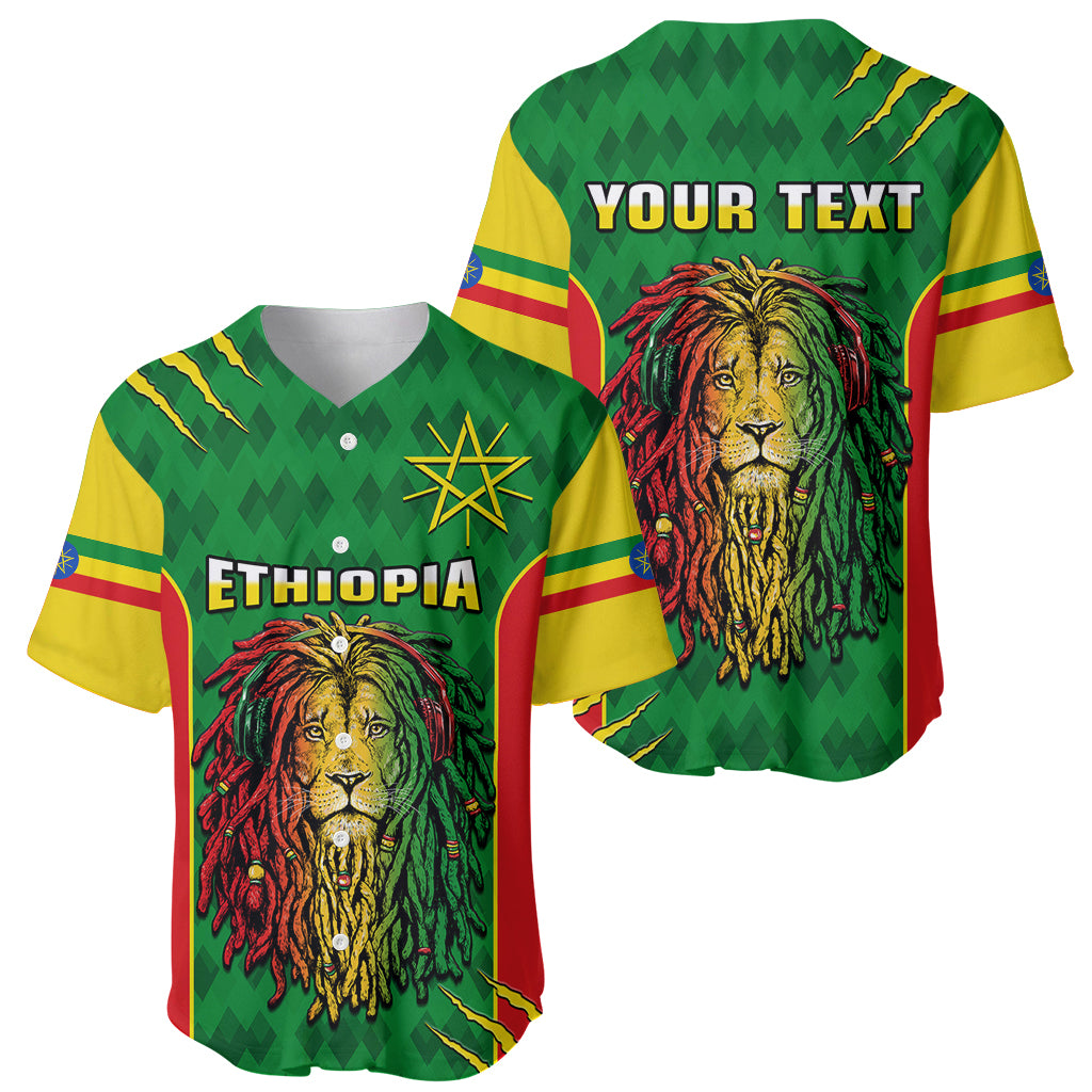 Personalised Ethiopia Baseball Jersey Men's Dreadlock Rasta Lion Headphones - Wonder Print Shop