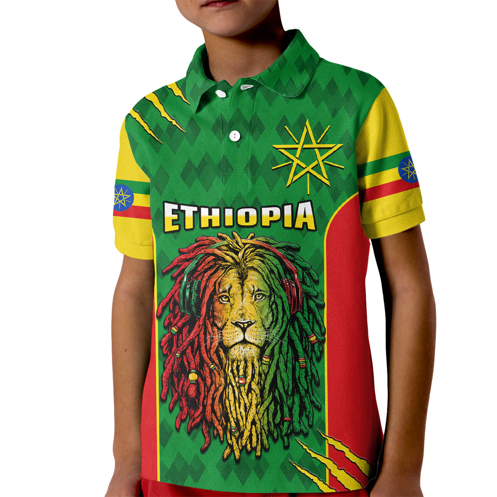 Custom Ethiopia Polo Shirt for Kid Mens Dreadlock Rasta Lion Headphones - Wonder Print Shop