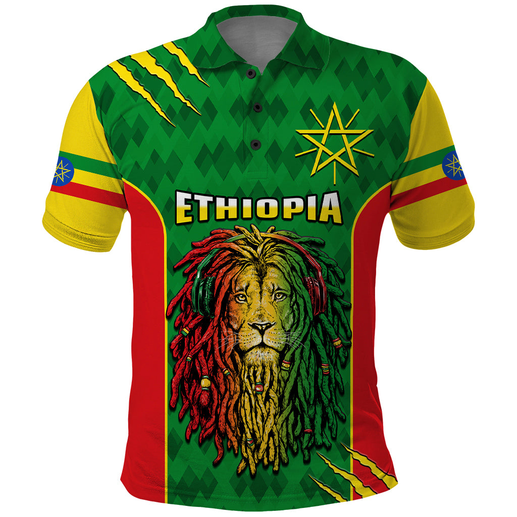 Custom Ethiopia Polo Shirt Mens Dreadlock Rasta Lion Headphones - Wonder Print Shop