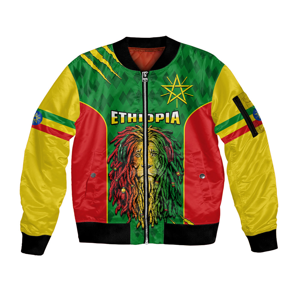 Personalised Ethiopia Sleeve Zip Bomber Jacket Men's Dreadlock Rasta Lion Headphones - Wonder Print Shop