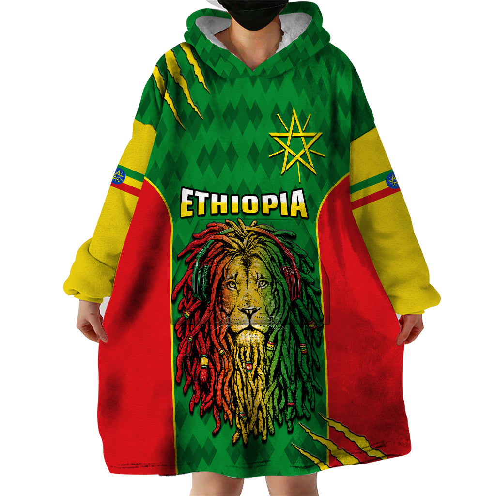 Personalised Ethiopia Wearable Blanket Hoodie Men's Dreadlock Rasta Lion Headphones - Wonder Print Shop