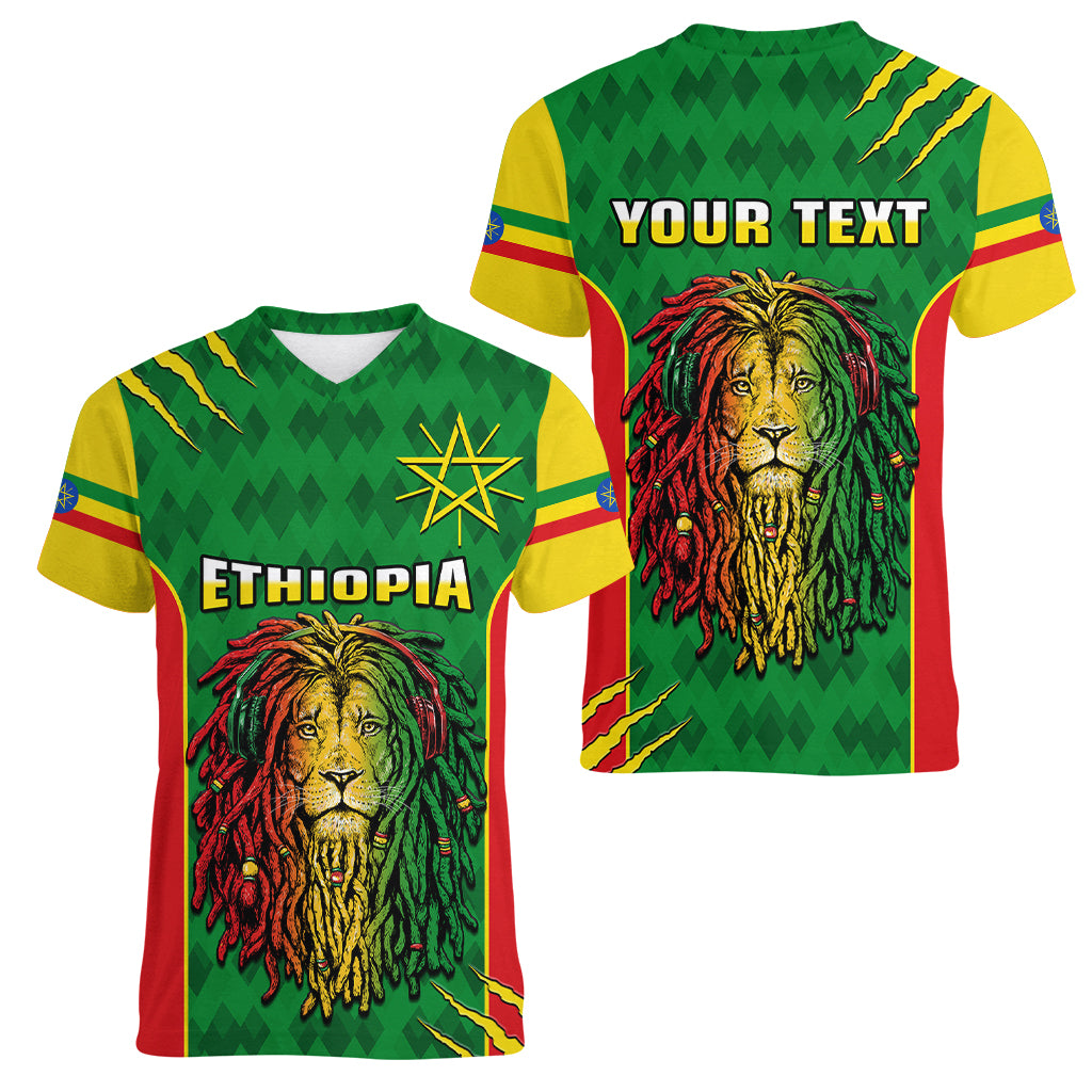 Personalised Ethiopia Women V Neck T Shirt Men's Dreadlock Rasta Lion Headphones - Wonder Print Shop