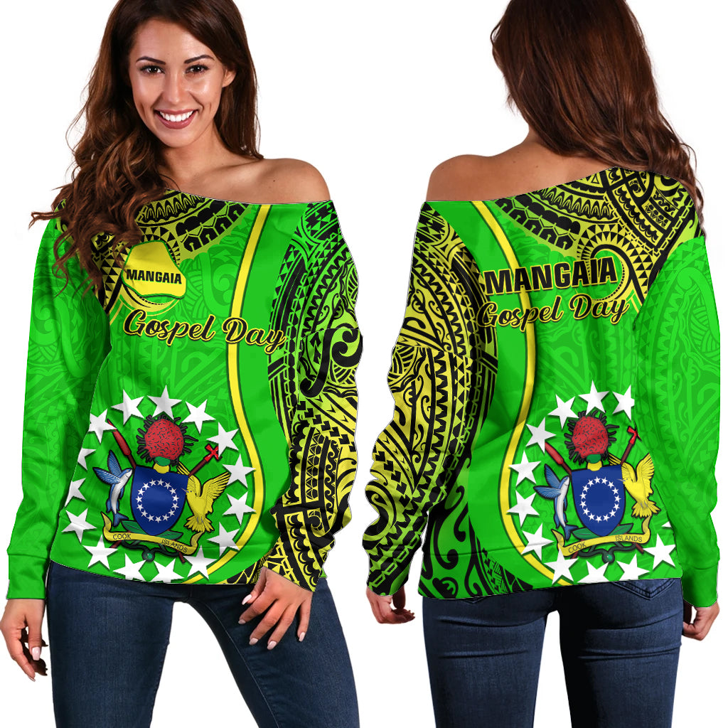 Polynesian Pride Cook Islands Off Shoulder Sweater Mangaia Gospel Day Green Version - Wonder Print Shop