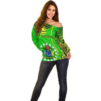 Polynesian Pride Cook Islands Off Shoulder Sweater Mangaia Gospel Day Green Version - Wonder Print Shop