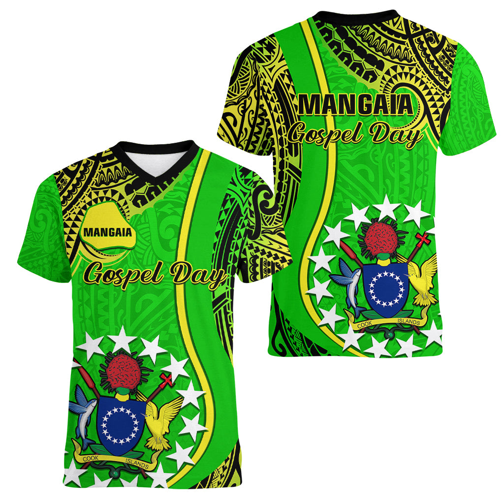 Polynesian Pride Cook Islands Women V Neck T Shirt Mangaia Gospel Day Green Version - Wonder Print Shop