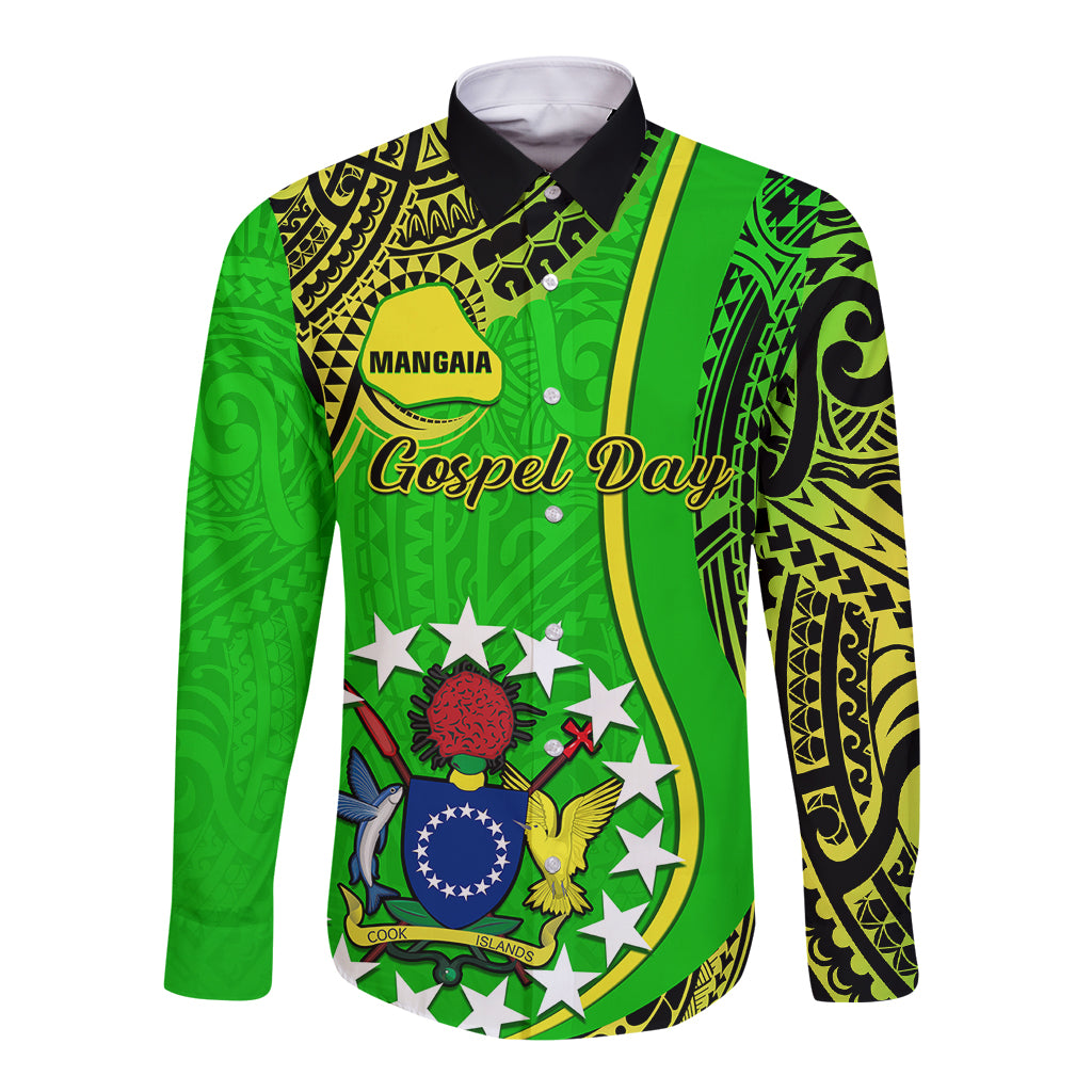 Personalised Cook Islands Long Sleeve Button Shirt Mangaia Gospel Day Green Version - Wonder Print Shop