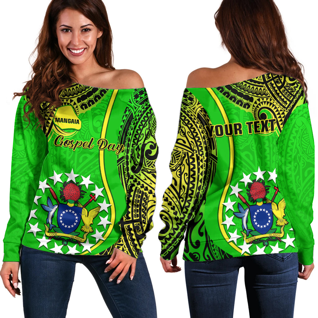 Personalised Cook Islands Off Shoulder Sweater Mangaia Gospel Day Green Version - Wonder Print Shop