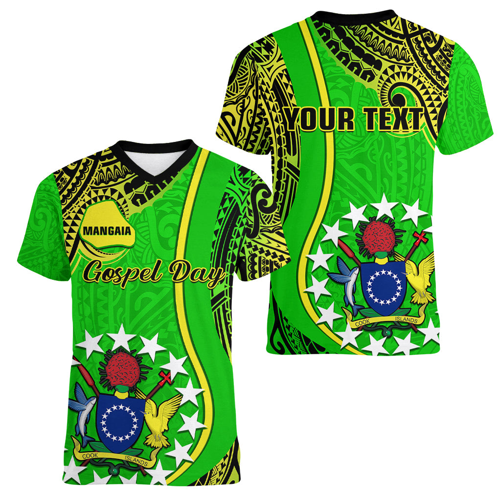 Personalised Cook Islands Women V Neck T Shirt Mangaia Gospel Day Green Version - Wonder Print Shop