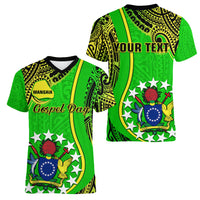 Personalised Cook Islands Women V Neck T Shirt Mangaia Gospel Day Green Version - Wonder Print Shop
