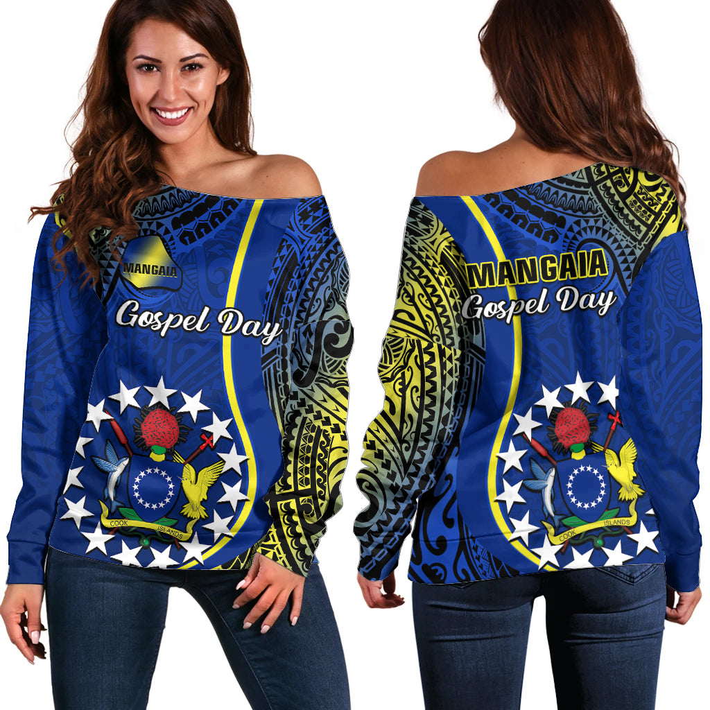 Polynesian Pride Cook Islands Off Shoulder Sweater Mangaia Gospel Day Blue Version - Wonder Print Shop