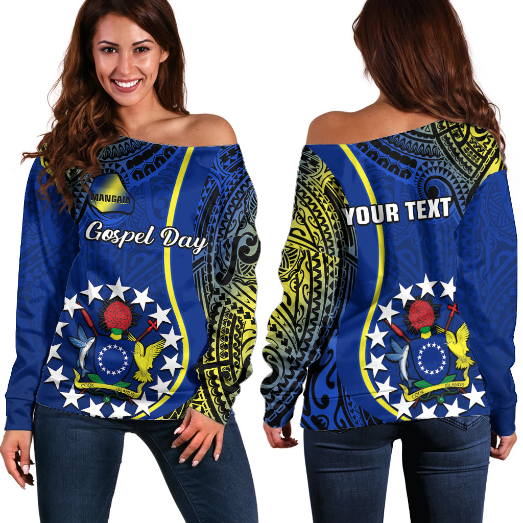 Personalised Cook Islands Off Shoulder Sweater Mangaia Gospel Day Blue Version - Wonder Print Shop