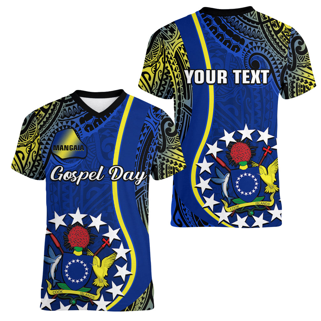 Personalised Cook Islands Women V Neck T Shirt Mangaia Gospel Day Blue Version - Wonder Print Shop