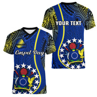 Personalised Cook Islands Women V Neck T Shirt Mangaia Gospel Day Blue Version - Wonder Print Shop
