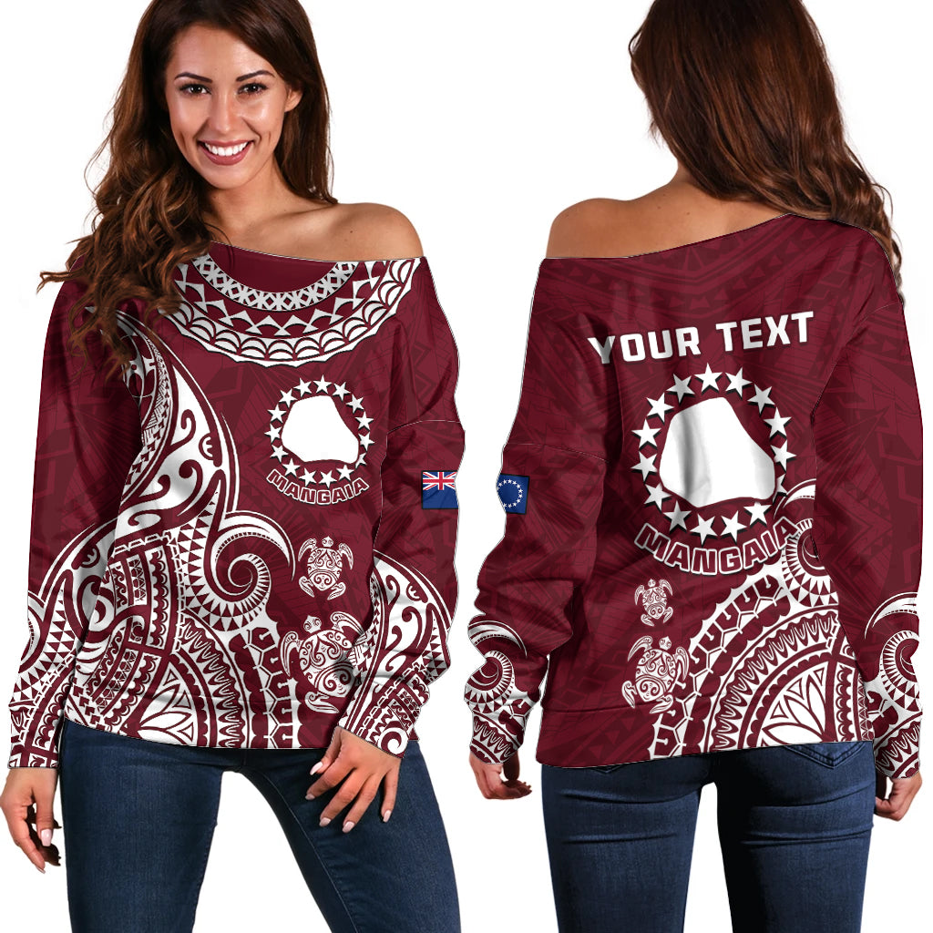Personalised Mangaia Cook Islands Off Shoulder Sweater Polynesian Sea Turtle - Wonder Print Shop