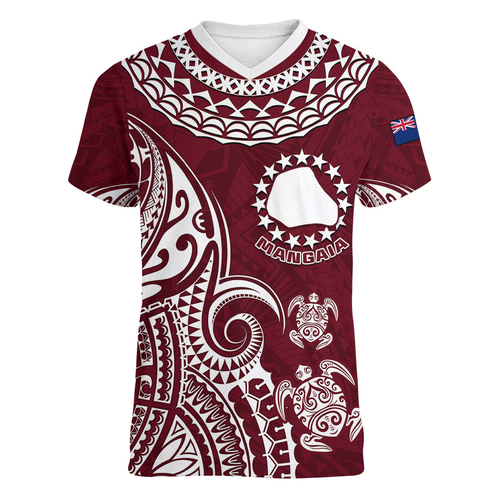 Personalised Mangaia Cook Islands Women V Neck T Shirt Polynesian Sea Turtle - Wonder Print Shop