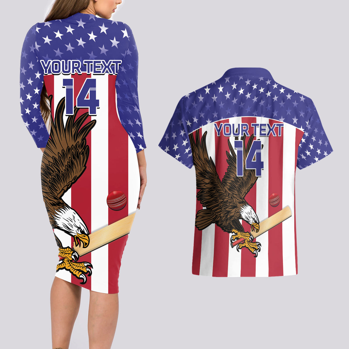 Custom USA 2024 Cricket Couples Matching Long Sleeve Bodycon Dress and Hawaiian Shirt Go Champions Eagles - Wonder Print Shop