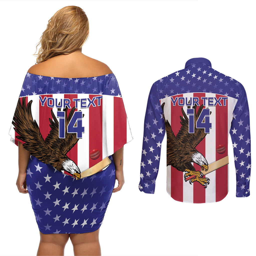 Custom USA 2024 Cricket Couples Matching Off Shoulder Short Dress and Long Sleeve Button Shirt Go Champions Eagles - Wonder Print Shop