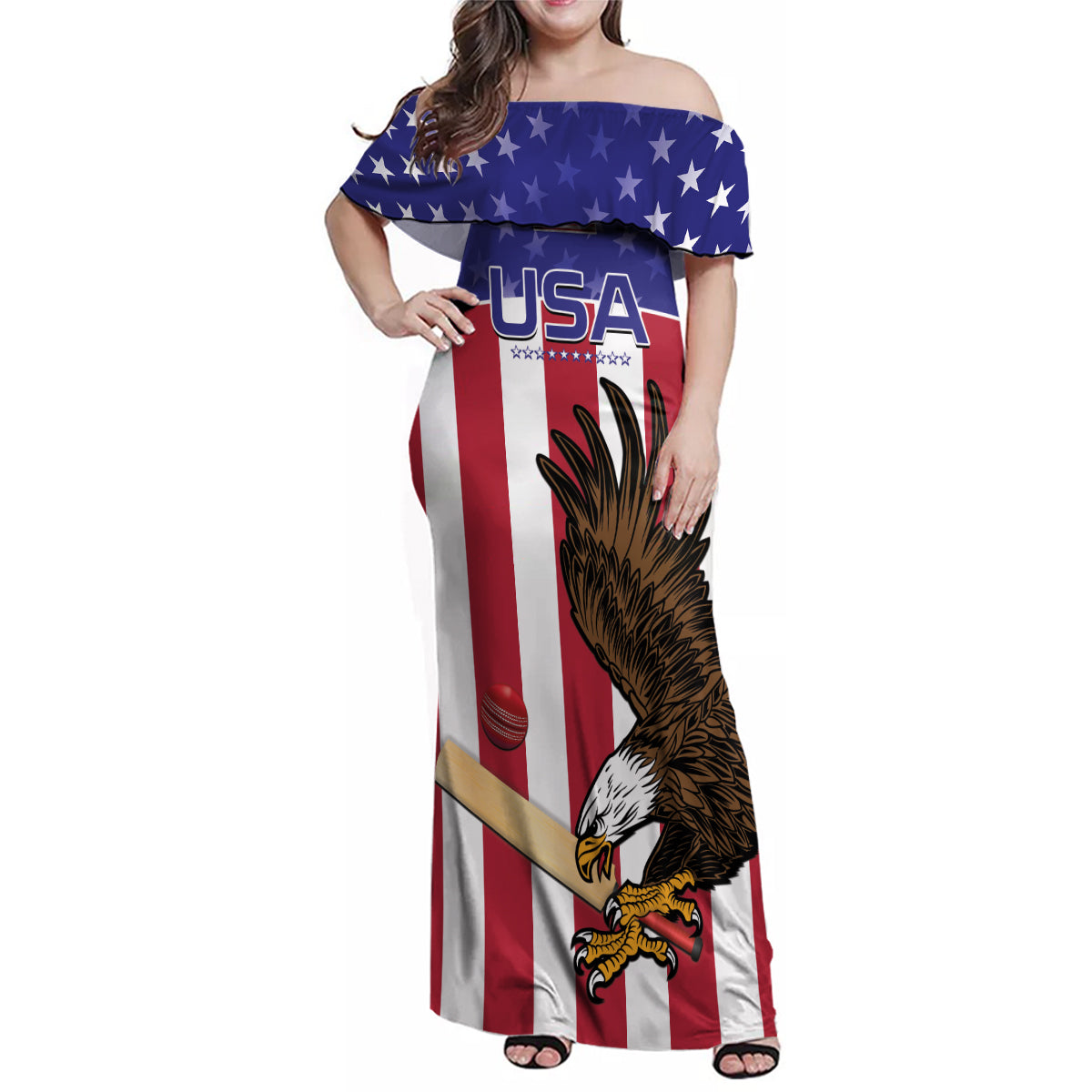 Custom USA 2024 Cricket Family Matching Off Shoulder Maxi Dress and Hawaiian Shirt Go Champions Eagles - Wonder Print Shop