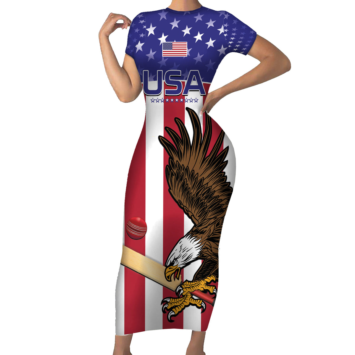 Custom USA 2024 Cricket Short Sleeve Bodycon Dress Go Champions Eagles - Wonder Print Shop