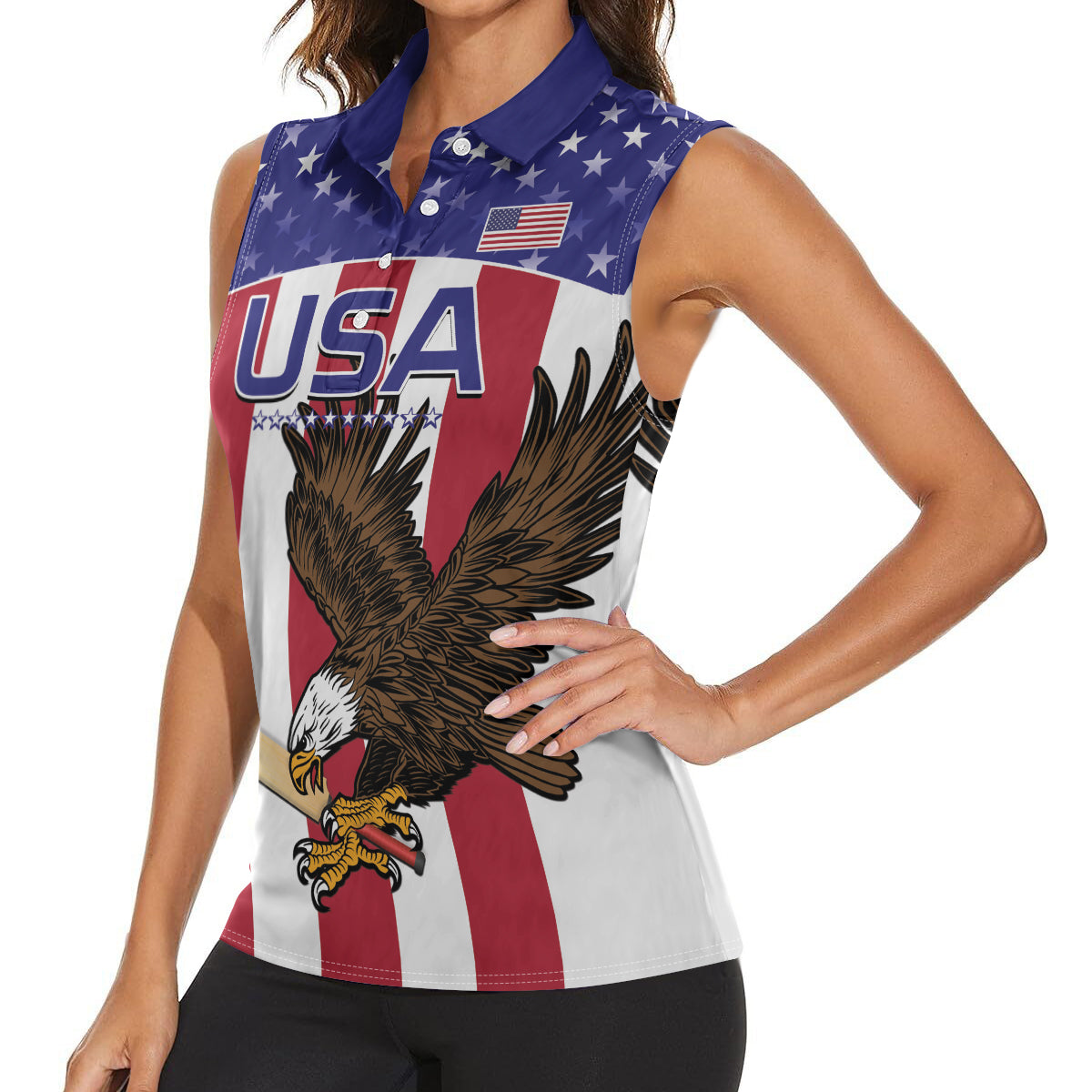 Custom USA 2024 Cricket Women Sleeveless Polo Shirt Go Champions Eagles - Wonder Print Shop