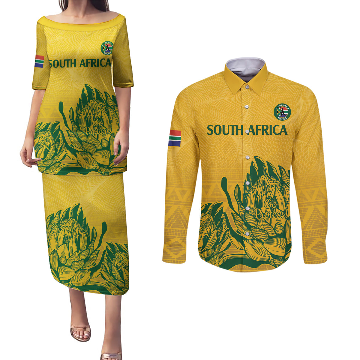 Custom South Africa Cricket Couples Matching Puletasi and Long Sleeve Button Shirt 2024 African Pattern Go Proteas - Wonder Print Shop