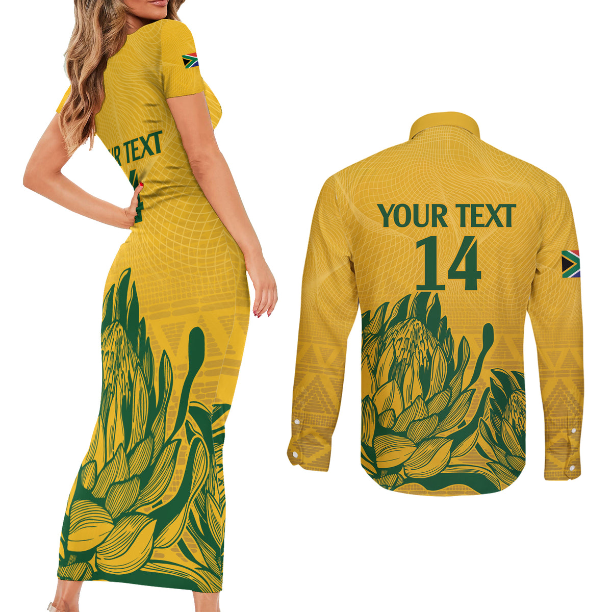 Custom South Africa Cricket Couples Matching Short Sleeve Bodycon Dress and Long Sleeve Button Shirt 2024 African Pattern Go Proteas - Wonder Print Shop