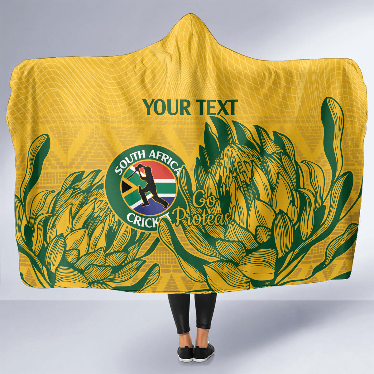 Custom South Africa Cricket Hooded Blanket 2024 African Pattern Go Proteas