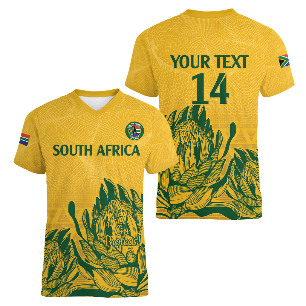 Custom South Africa Cricket Women V-Neck T-Shirt 2024 African Pattern Go Proteas - Wonder Print Shop