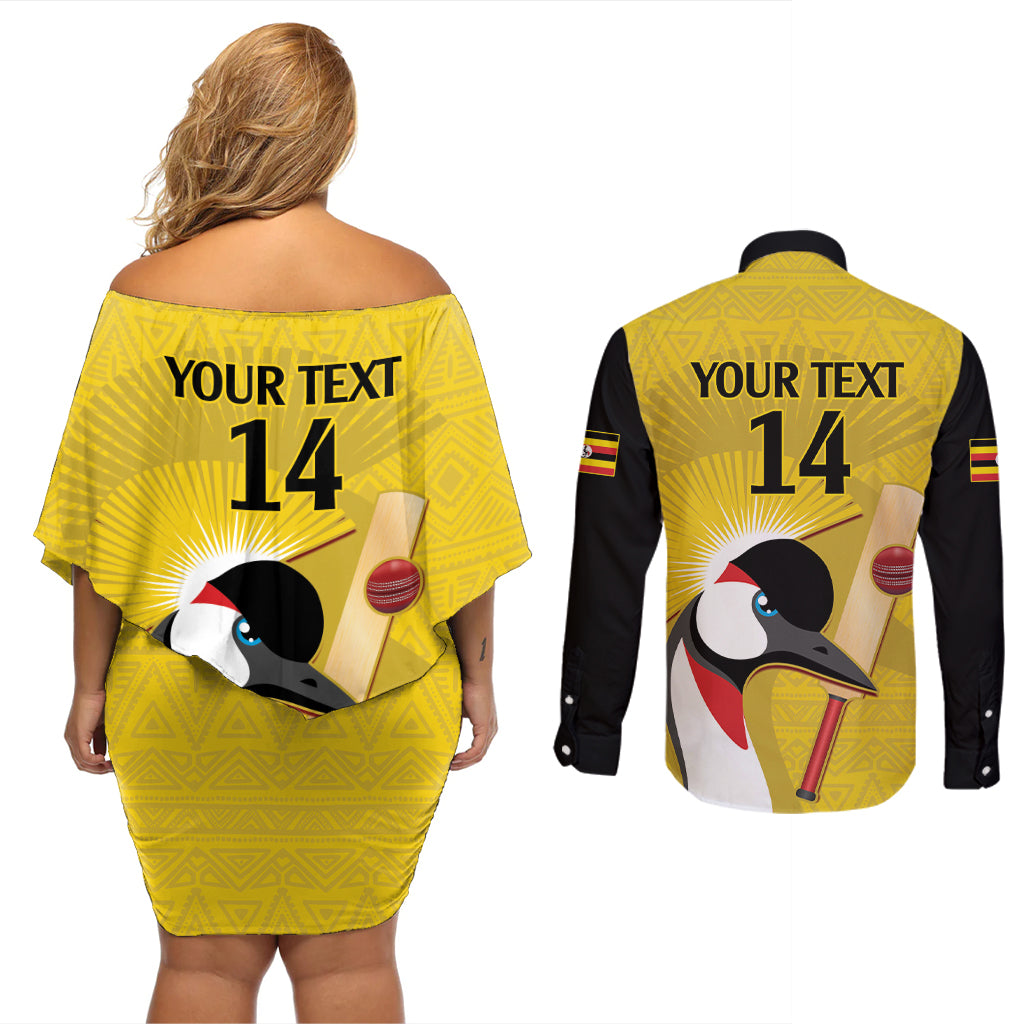 Custom Uganda Cricket Couples Matching Off Shoulder Short Dress and Long Sleeve Button Shirt Ugandan Grey Crowned Crane - Wonder Print Shop