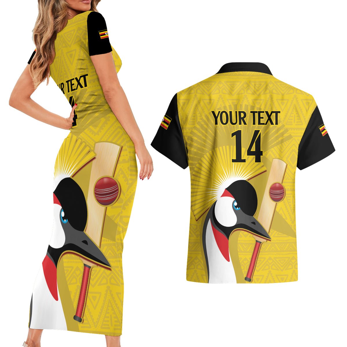 Custom Uganda Cricket Couples Matching Short Sleeve Bodycon Dress and Hawaiian Shirt Ugandan Grey Crowned Crane - Wonder Print Shop